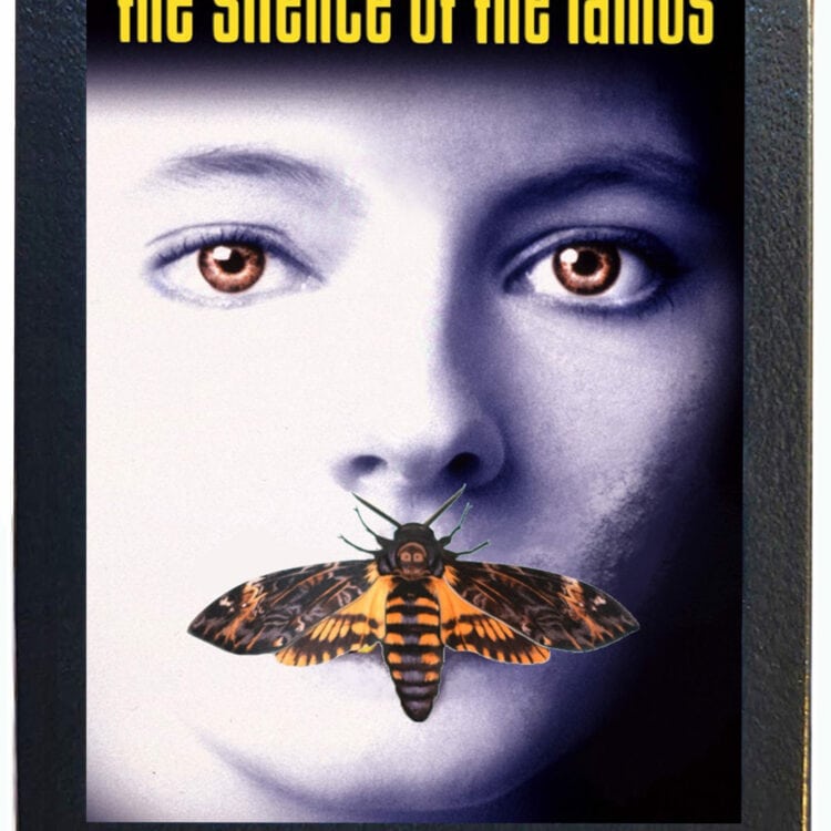 Acherontia atropos death’s head moth framed with movie poster Silence of the Lambs Europe REPLICA